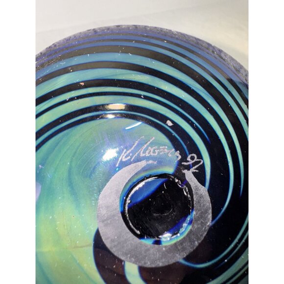 Hand Blown Artist Signed Glass Bowl Iridescent Blue peacock Rogers ? - Picture 5 of 8
